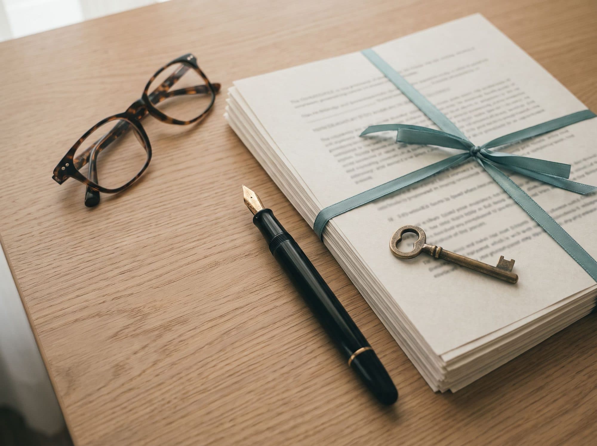 Closing documents, a pen, and a key on a desk