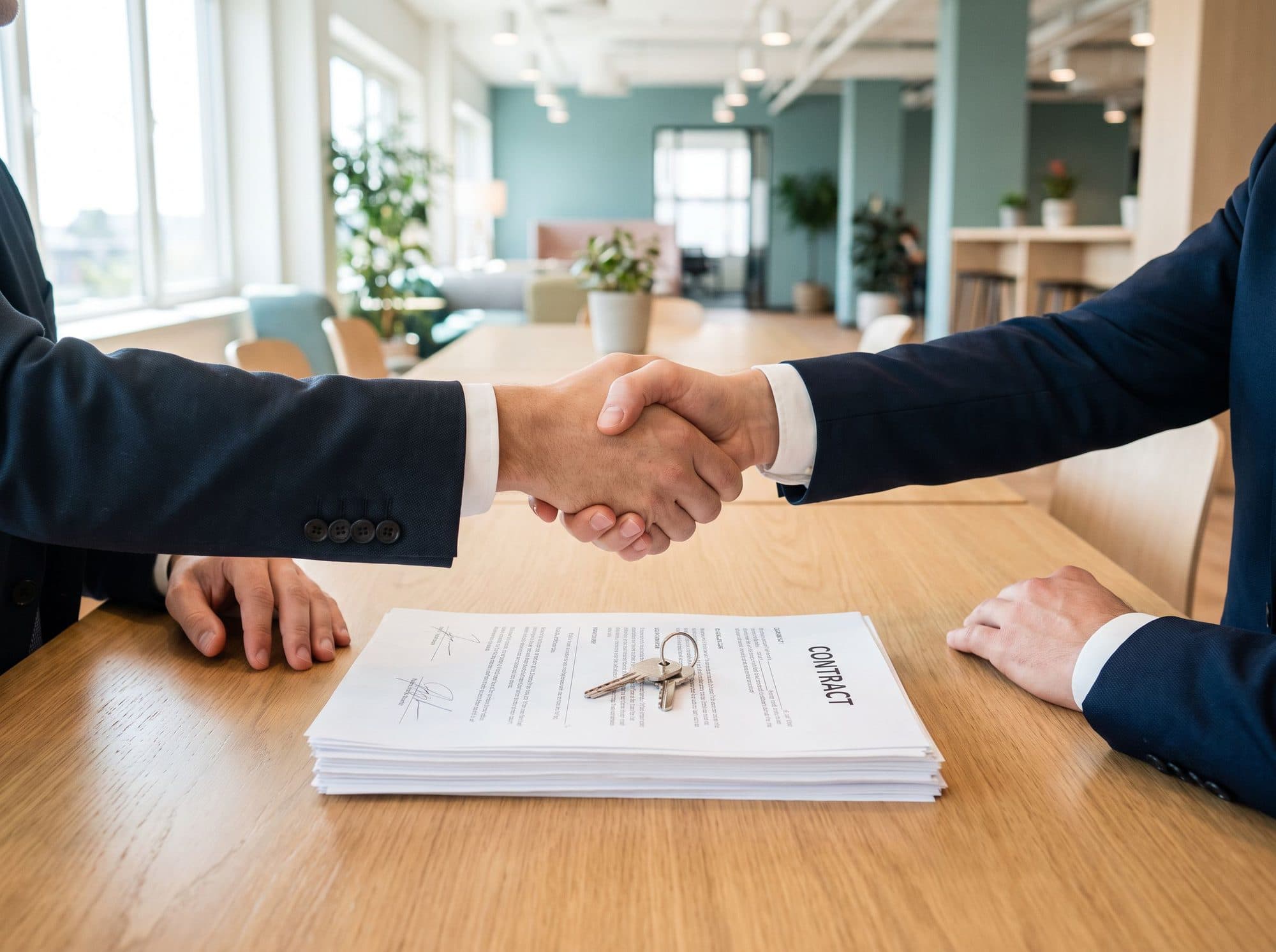 Two people shaking hands over signed closing documents and a set of keys