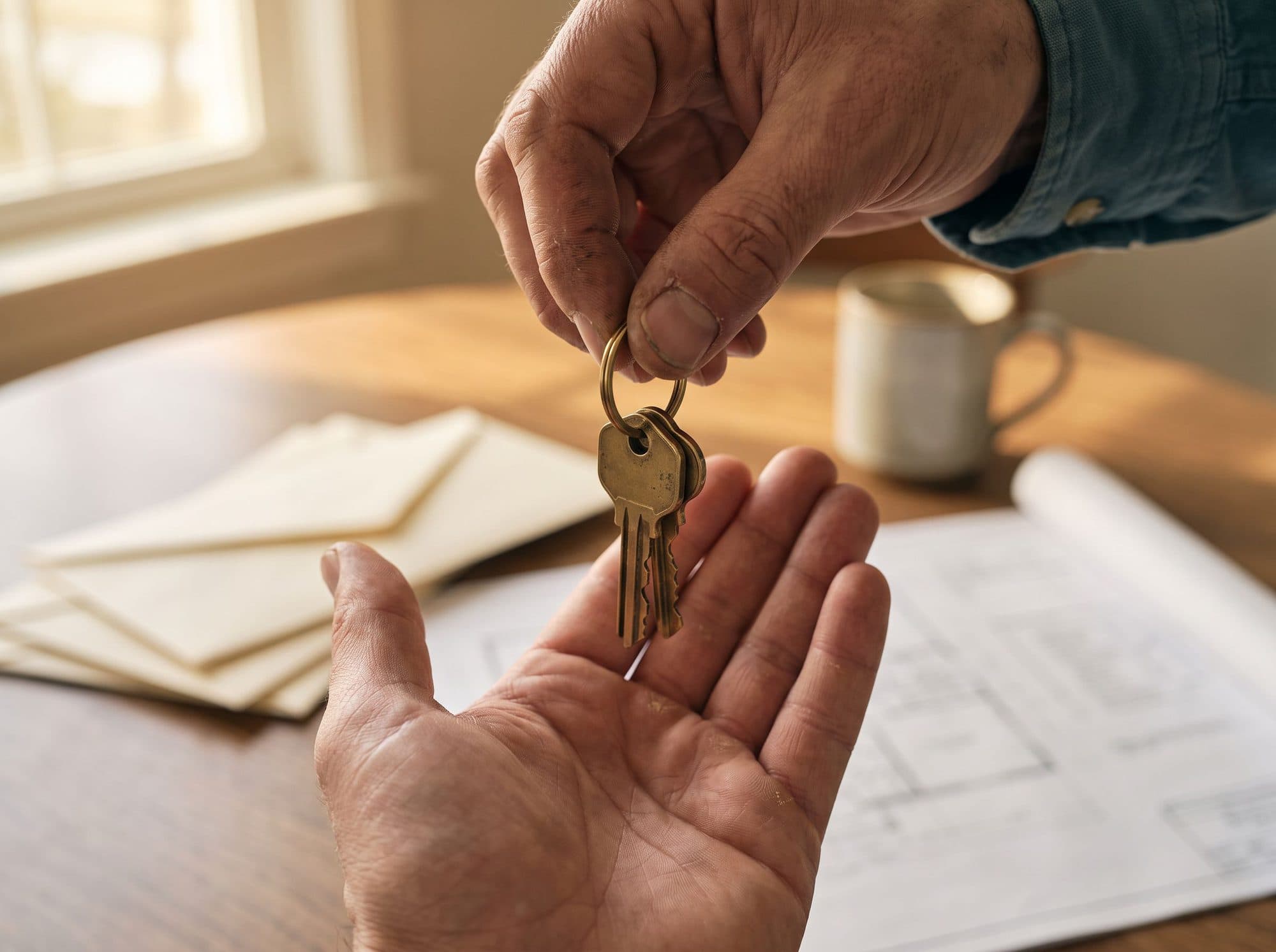 House keys being handed over above closing paperwork
