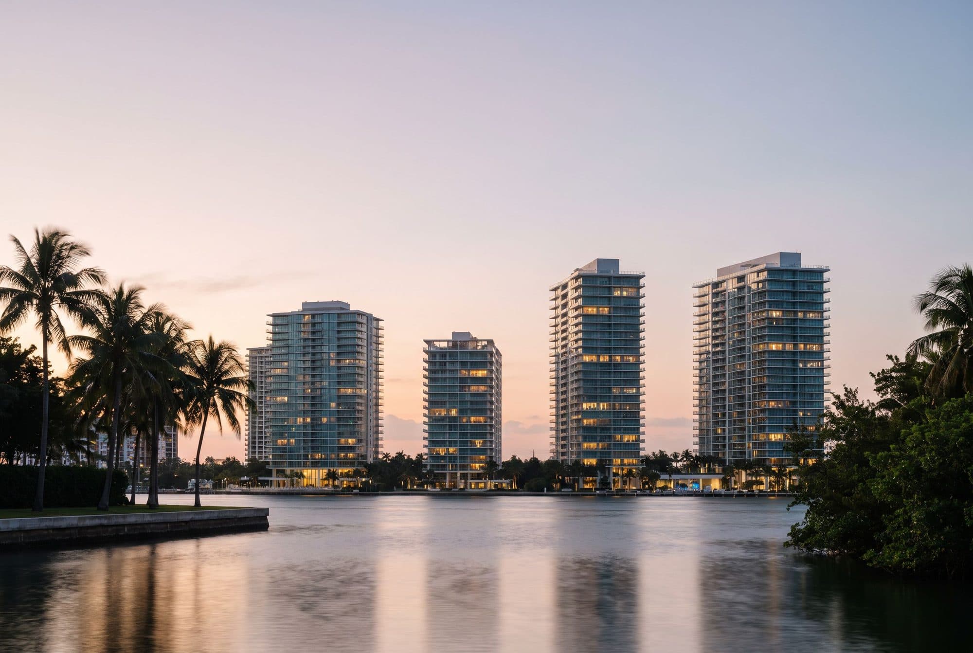 South Florida waterfront residences at dusk